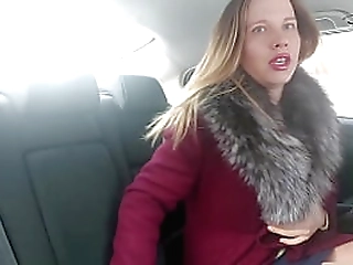cute bitch jerks off wet pussy during taxi ride - fetish