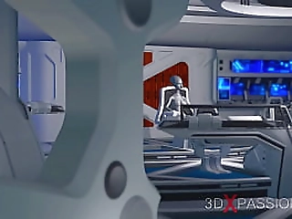 sexy sci-fi female alien plays with a black girl in the space station