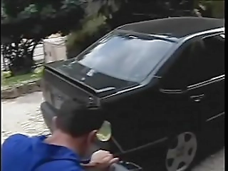 brunette tranny with tattoos sucks and rides muscular stud'_s cock