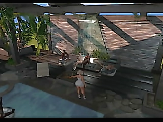 tanned ladyboy in black lingerie plays with her big tits and