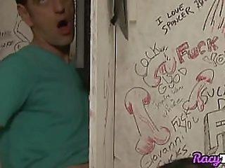 busty trans babe sucking and titfucking gloryhole cock