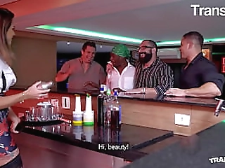 brunette ladyboy with natural tits gets her hairy dick sucked by a dude